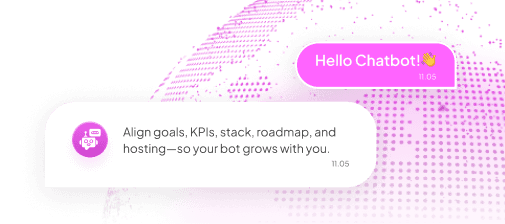 A “Hello Chatbot!” bubble and the reply “Align goals, KPIs, stack, roadmap, and hosting—so your bot grows with you.”