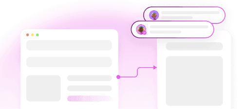 A wireframe app screen linked to a second screen, with two chat bubbles above it