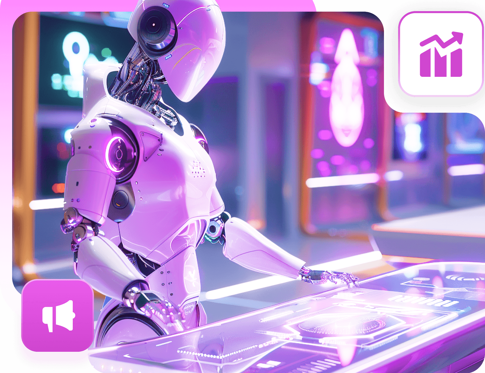 A white robot working at a glowing touch table in a violet-lit room, with chart and megaphone badges