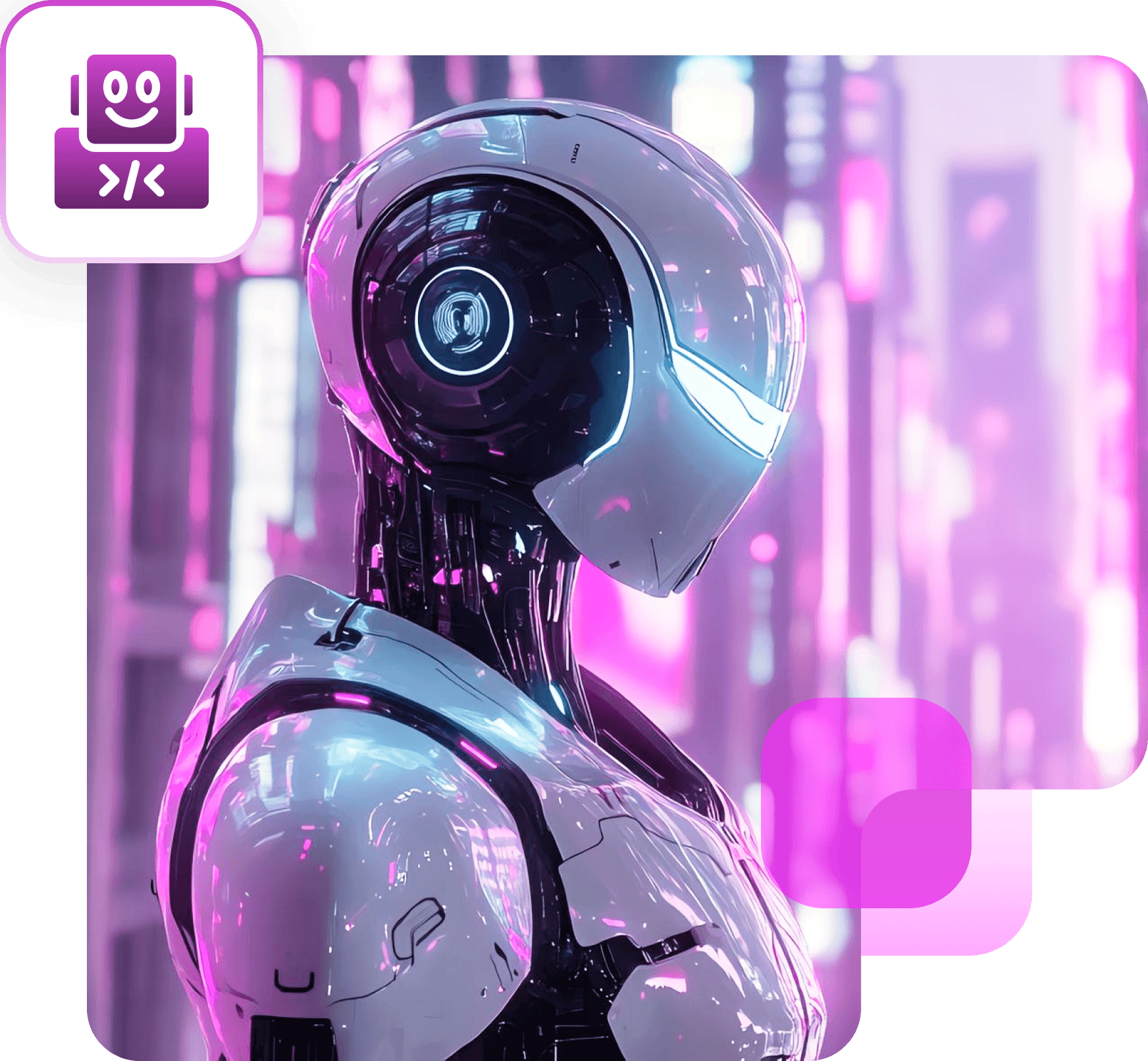A white humanoid robot in profile against blurred pink city lights, with a robot coder badge