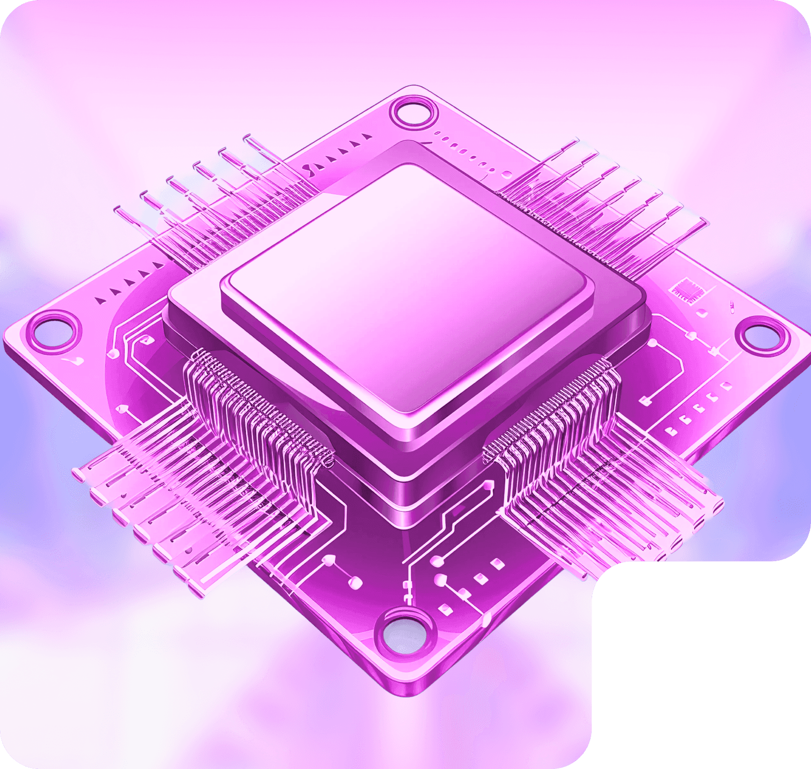 A glossy magenta computer chip on a circuit board, glowing in pink and violet light