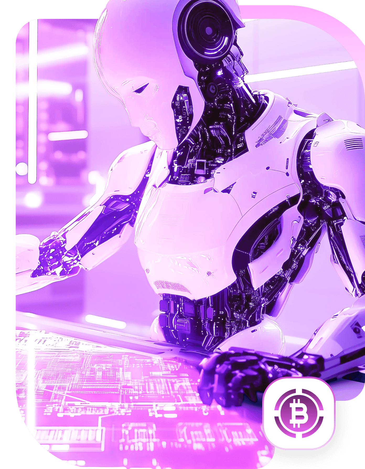 A white and violet robot leaning over a glowing circuit-board desk, with a Bitcoin badge