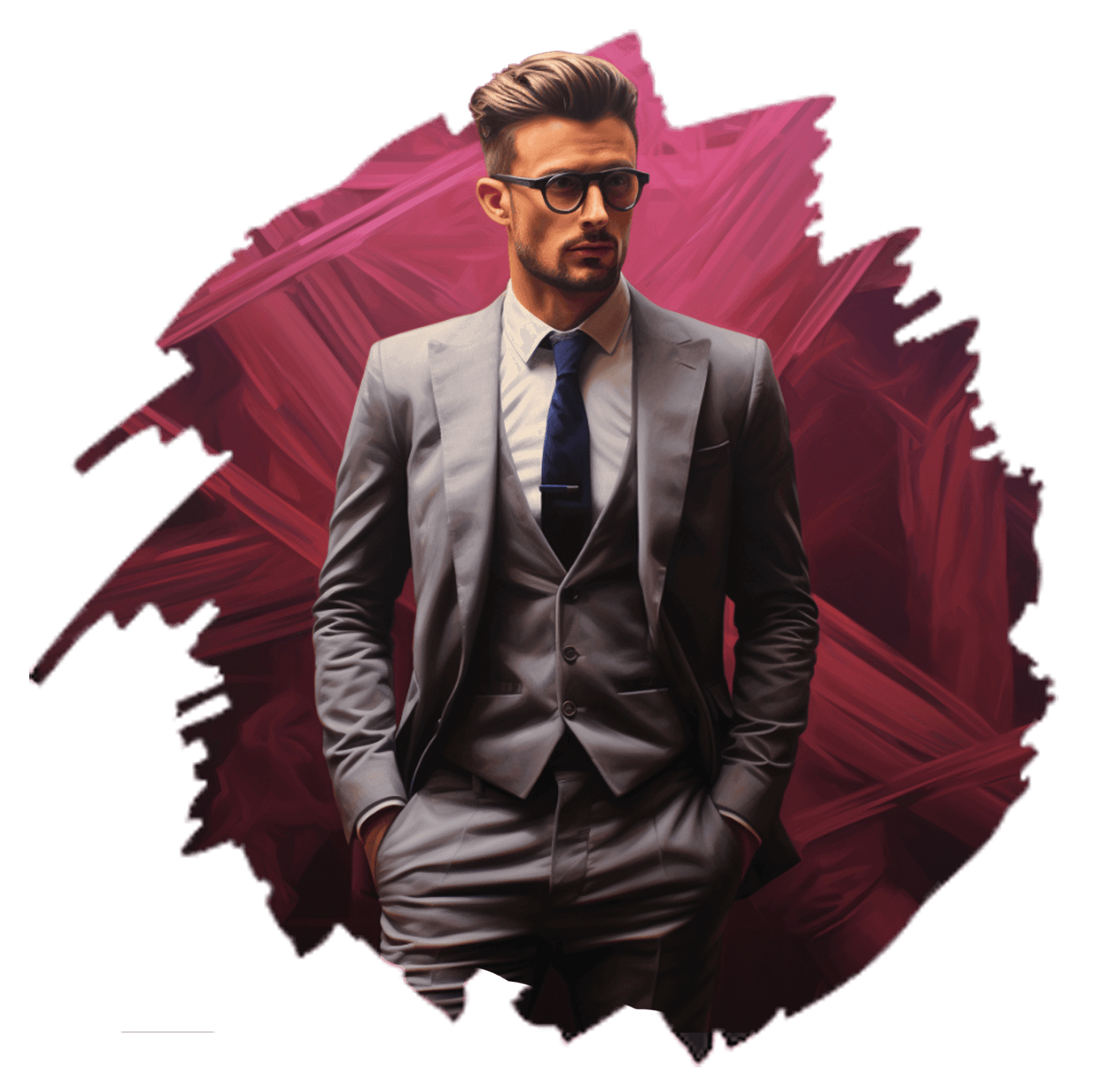 A man in glasses and a grey three-piece suit, hands in his pockets, in front of a crimson brush-stroke backdrop