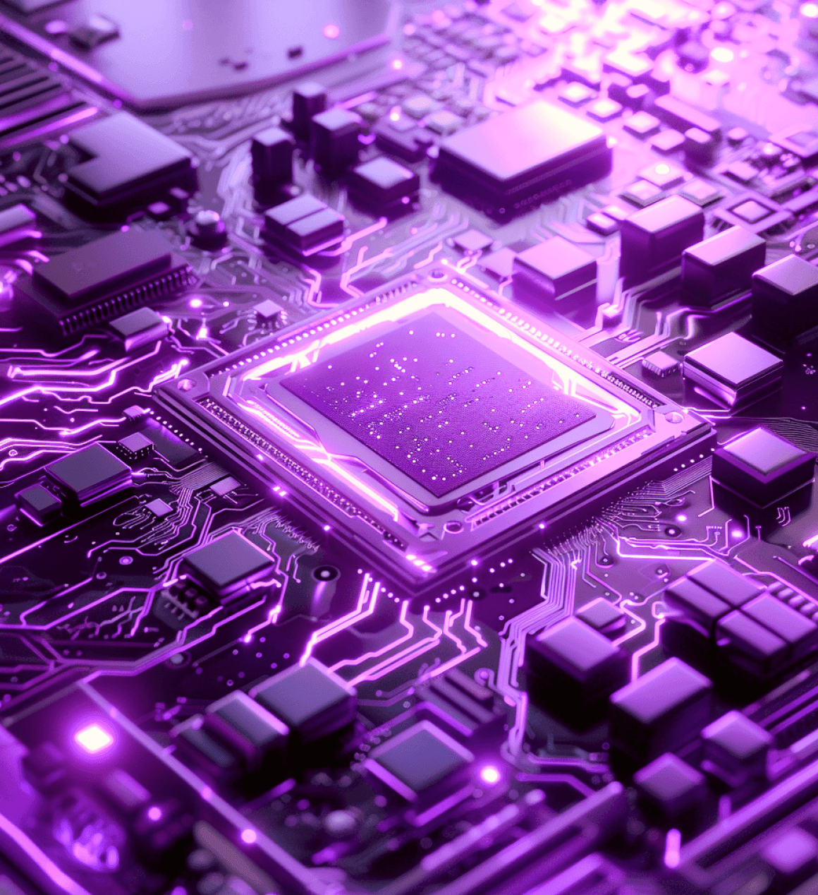 A glowing processor chip on a purple circuit board