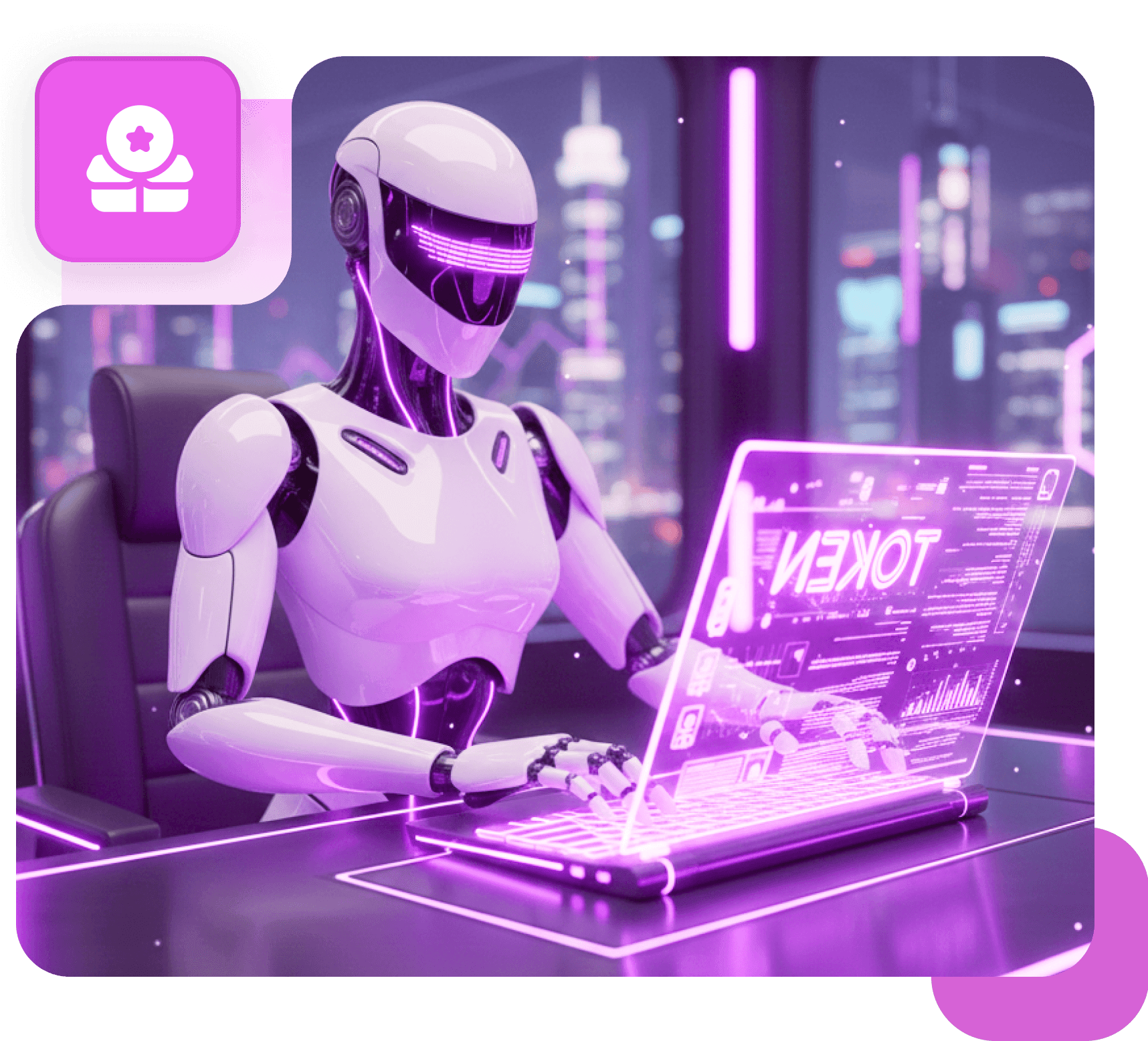 A white robot at a desk typing on a glowing keyboard in front of a holographic TOKEN screen