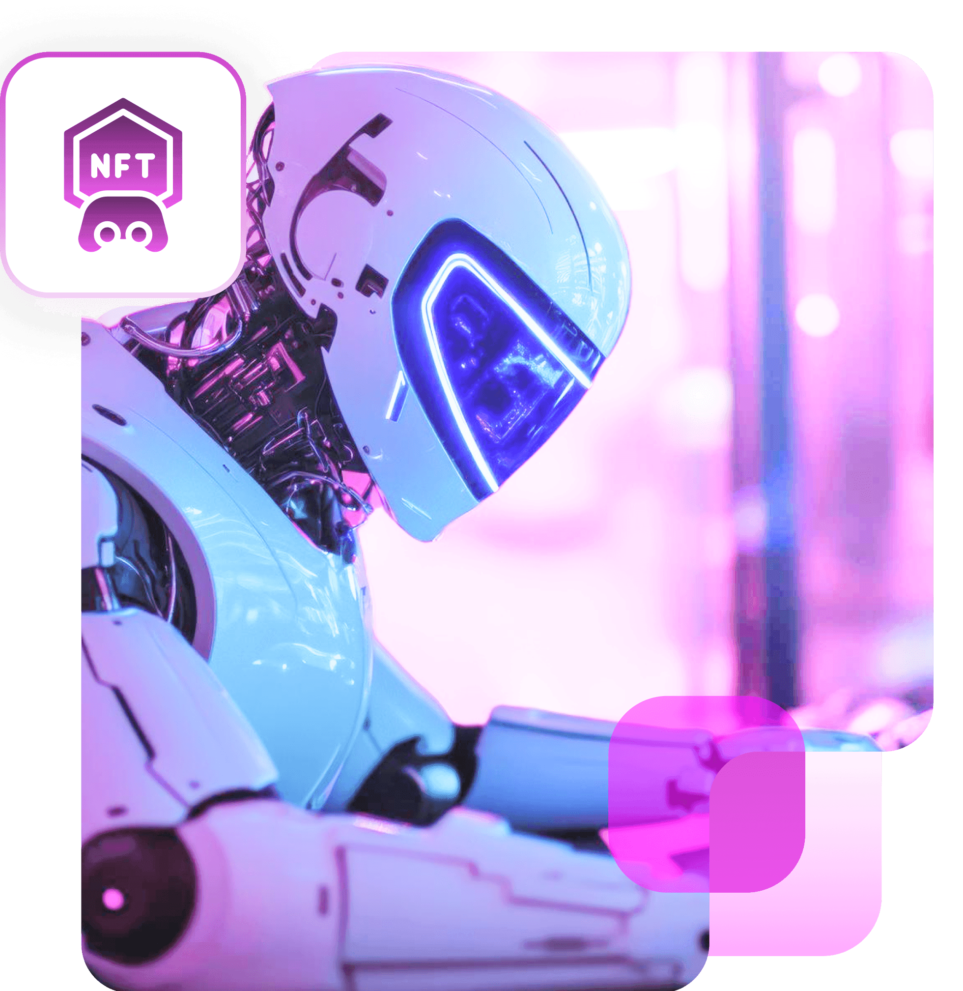 A white and blue robot looking down at its hands, with an NFT badge in the corner