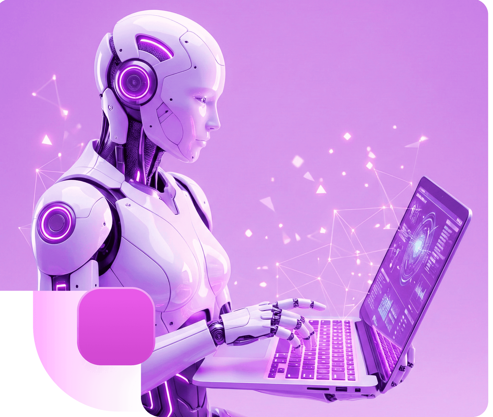 A humanoid robot typing on a laptop showing data dashboards