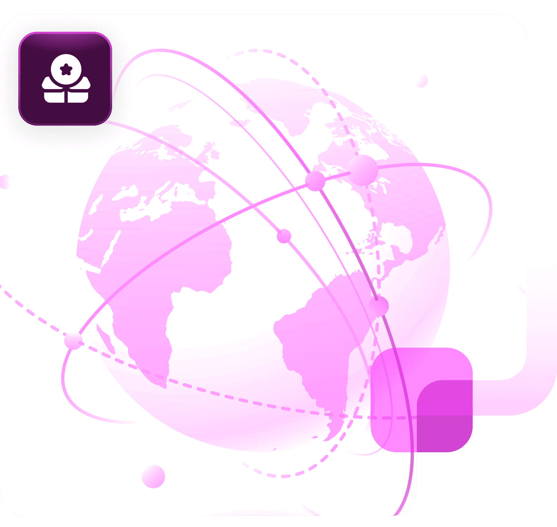 A globe circled by connected routes, with an investor badge