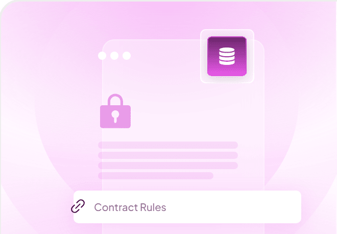 A smart contract document with a lock, a database badge and a Contract Rules label