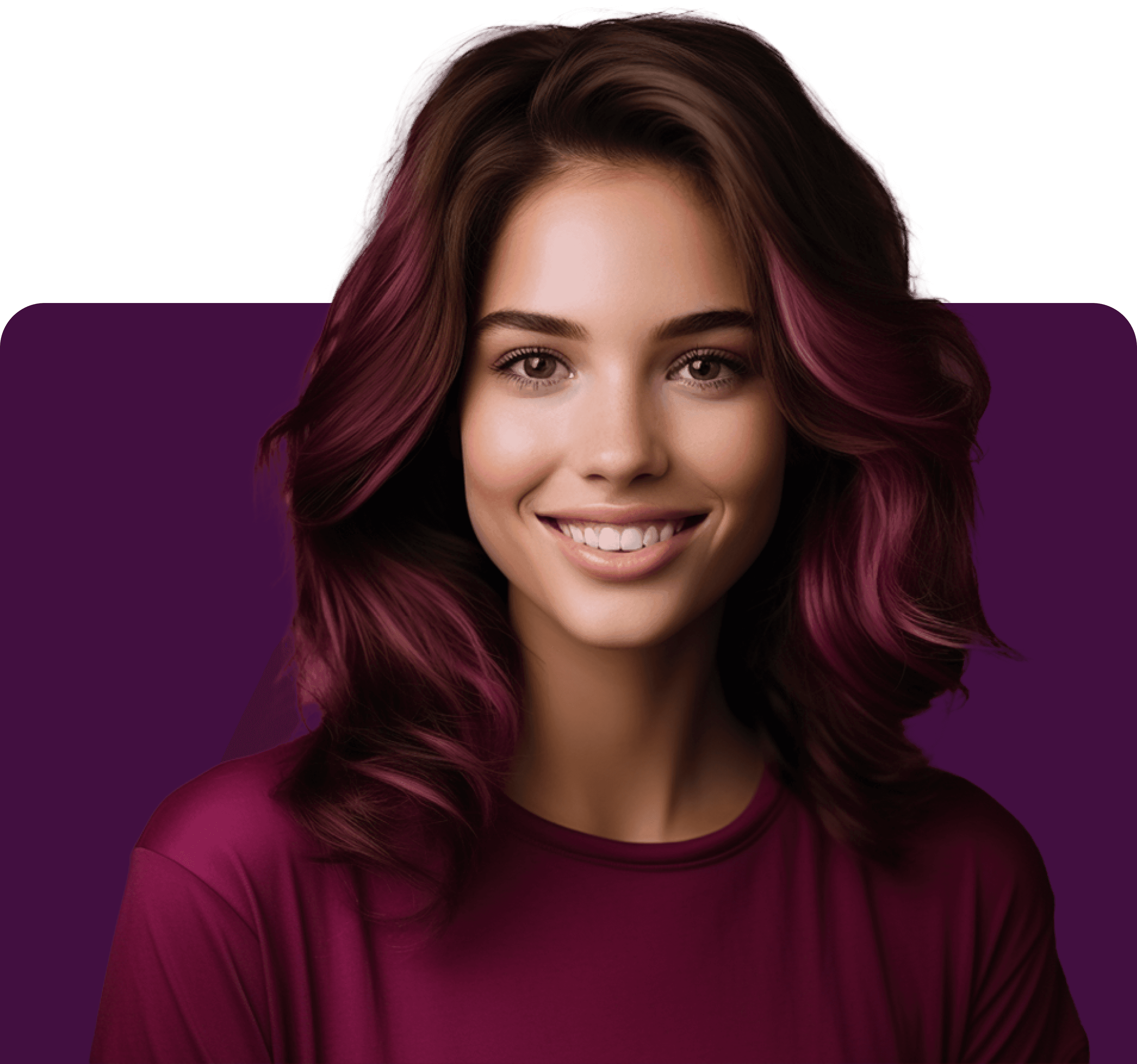 Smiling woman with long auburn hair in a burgundy top