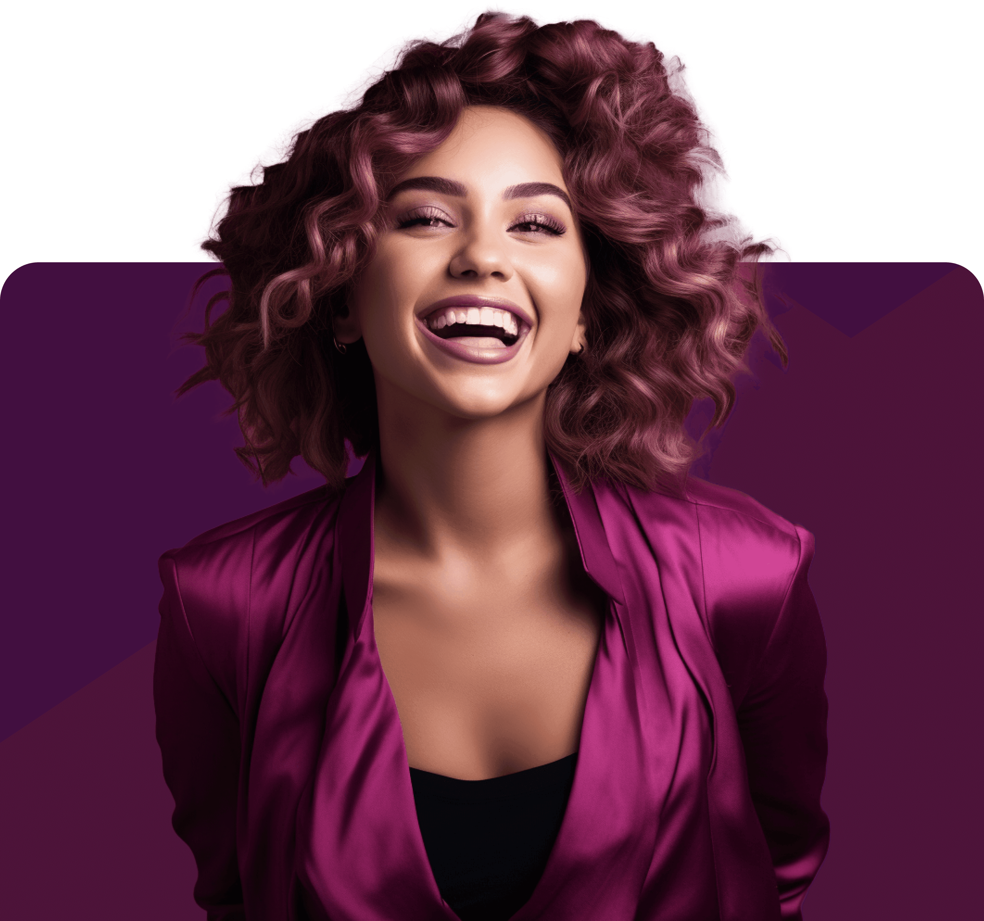 Laughing blogger with curly hair in a magenta satin jacket