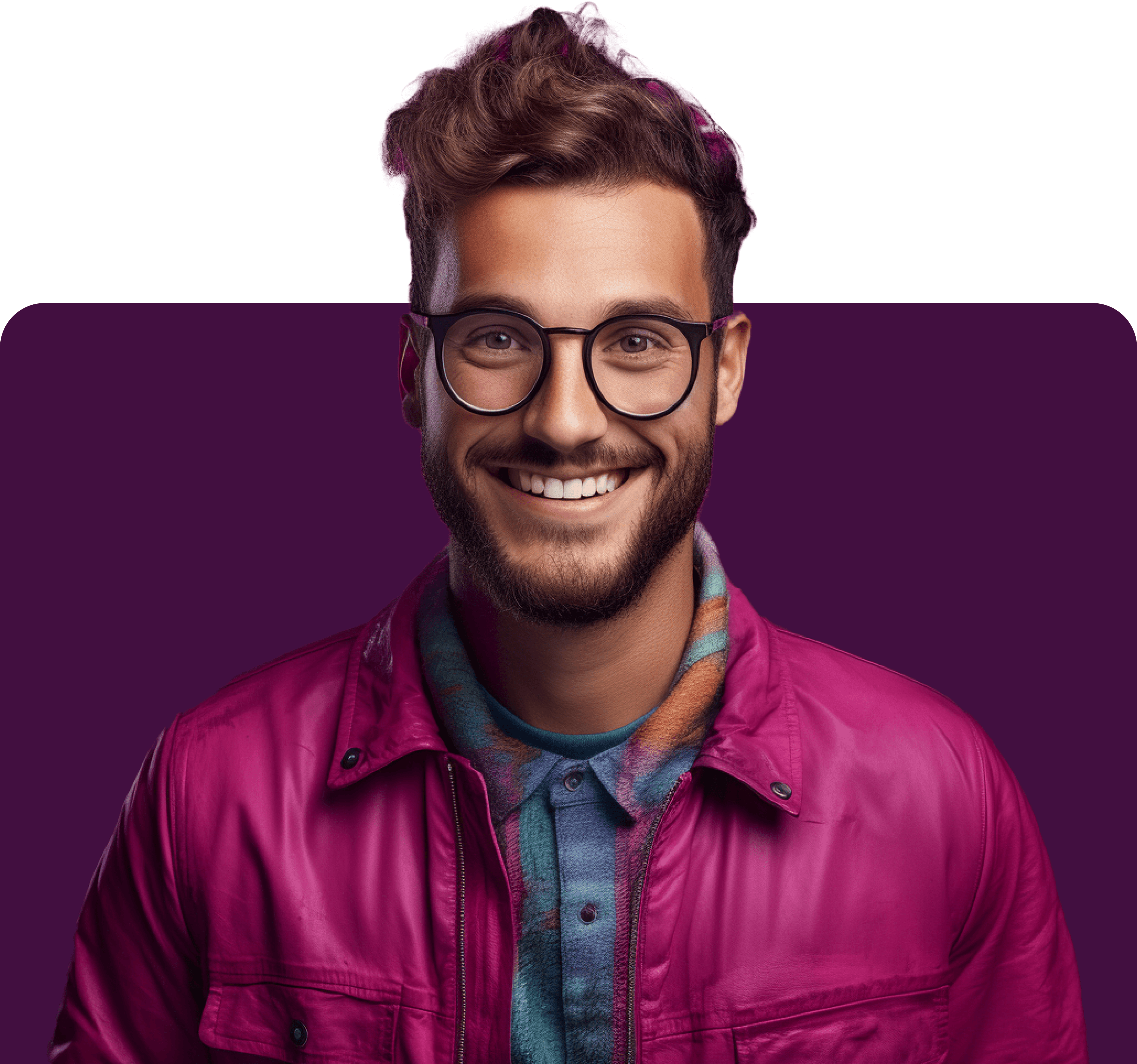 Smiling content creator with glasses and a beard in a magenta jacket over a plaid shirt