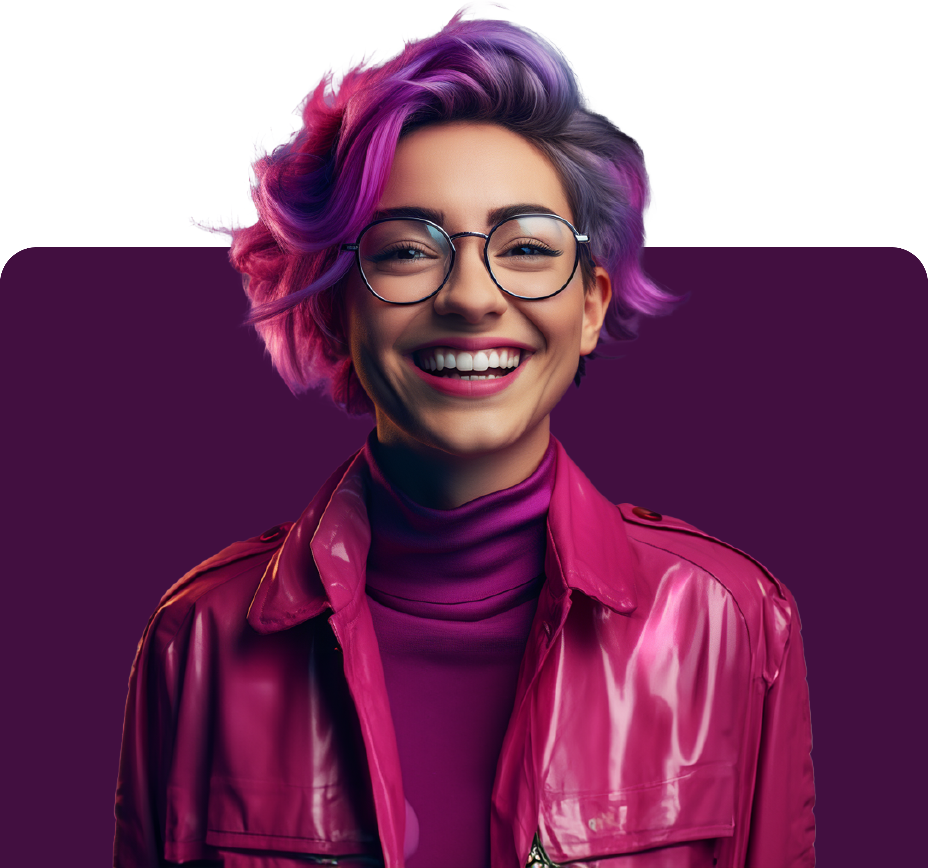 Smiling industry expert with purple hair and round glasses in a magenta leather jacket