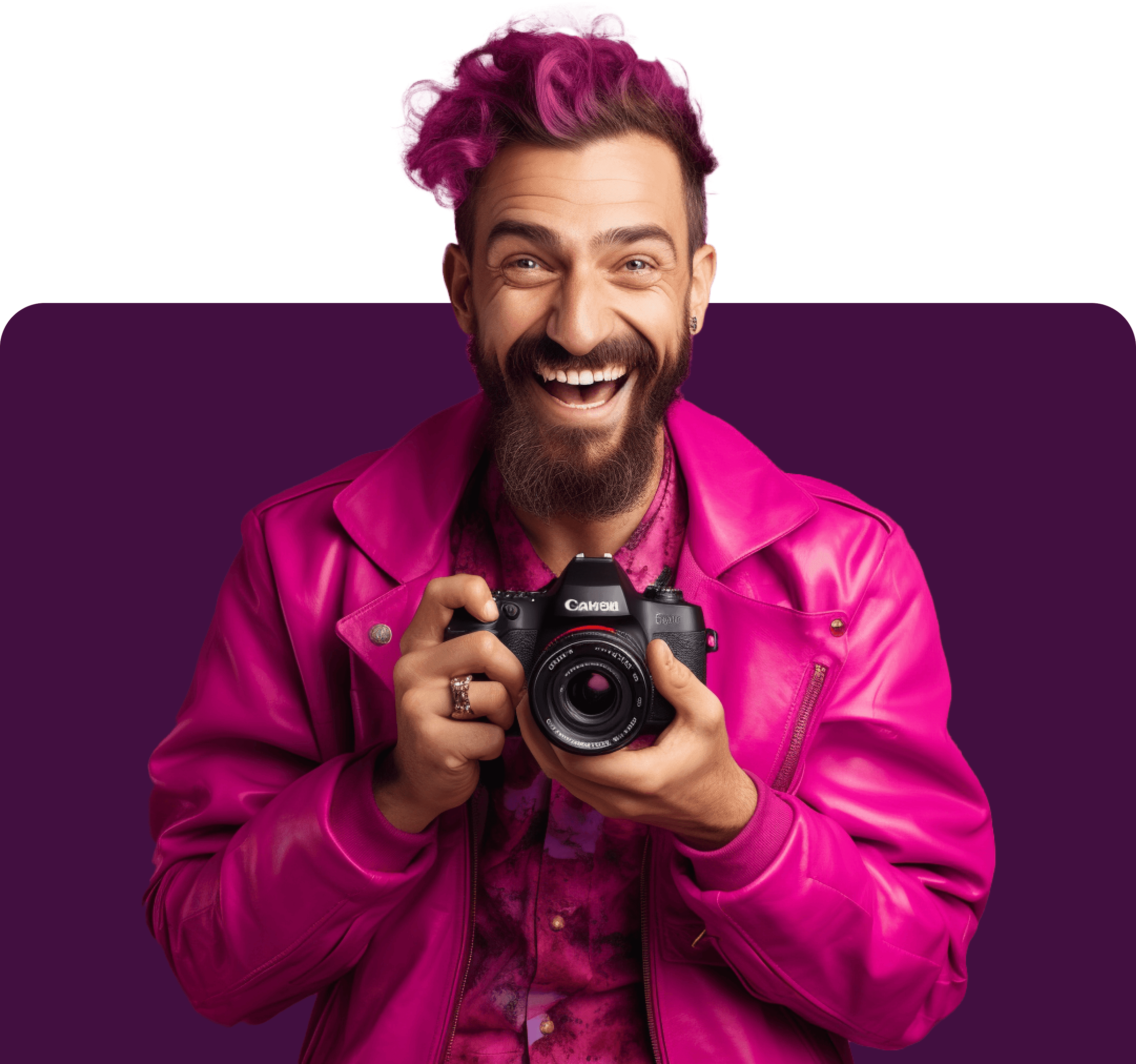 Smiling influencer with a magenta quiff and pink leather jacket, holding a camera