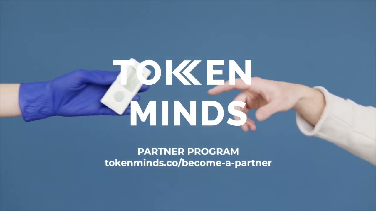 TokenMinds Partner Program, tokenminds.co/become-a-partner: two hands reaching towards each other on a blue background