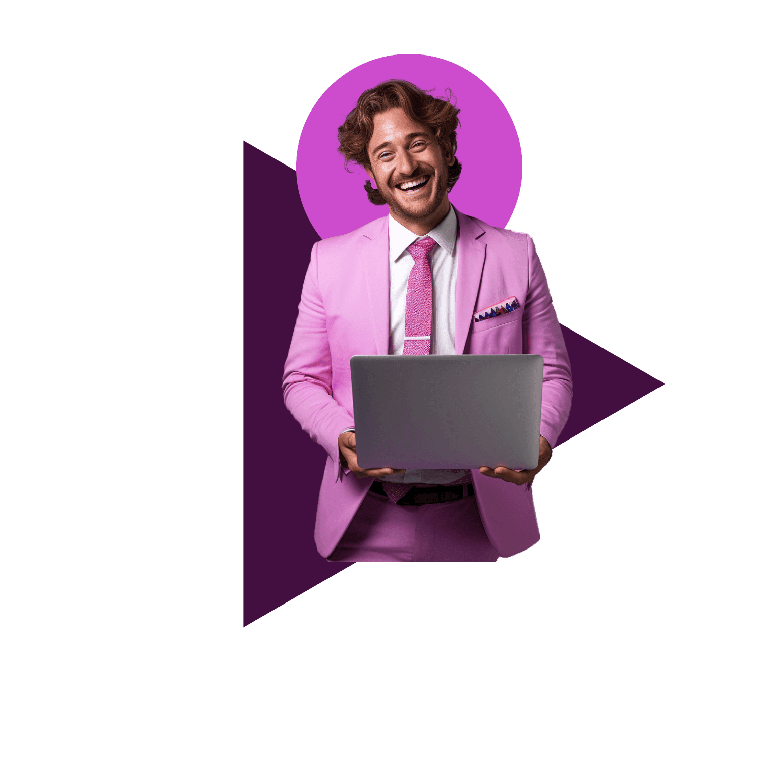 A laughing advisor in a pink suit holding a laptop, in front of a magenta circle and a plum triangle