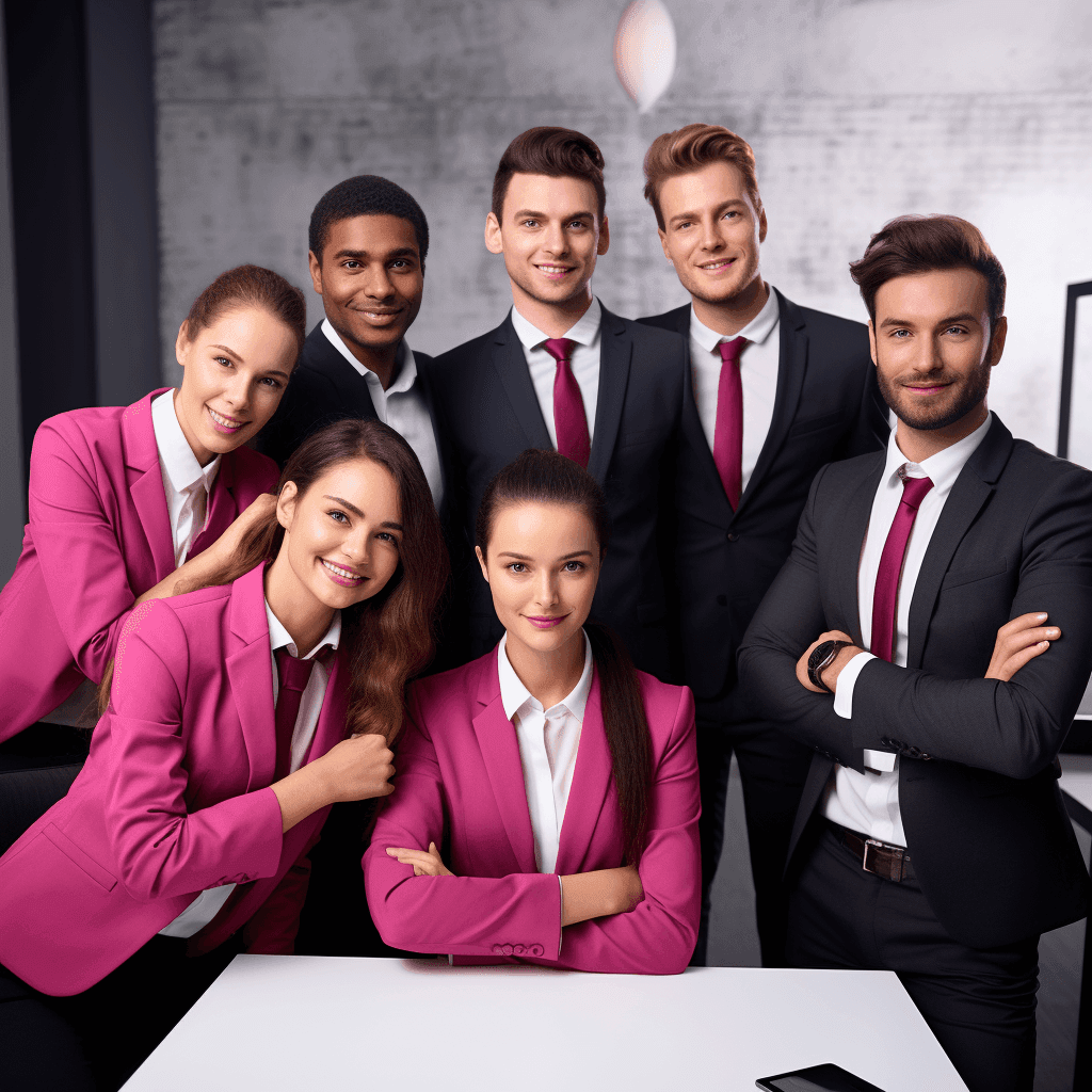 A smiling team of seven in pink and black suits gathered around a white table