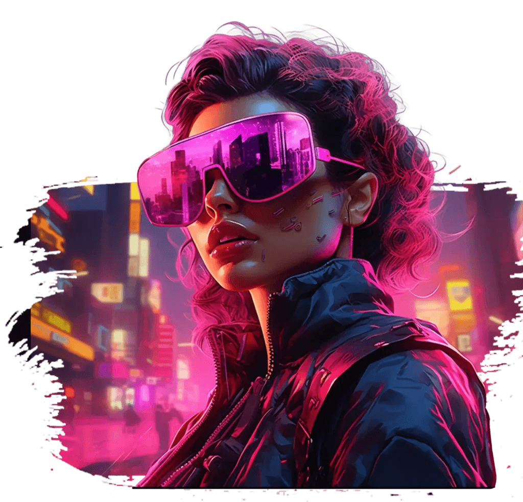 A woman with curly magenta hair and magenta visor glasses reflecting a city, on a brushed neon street background