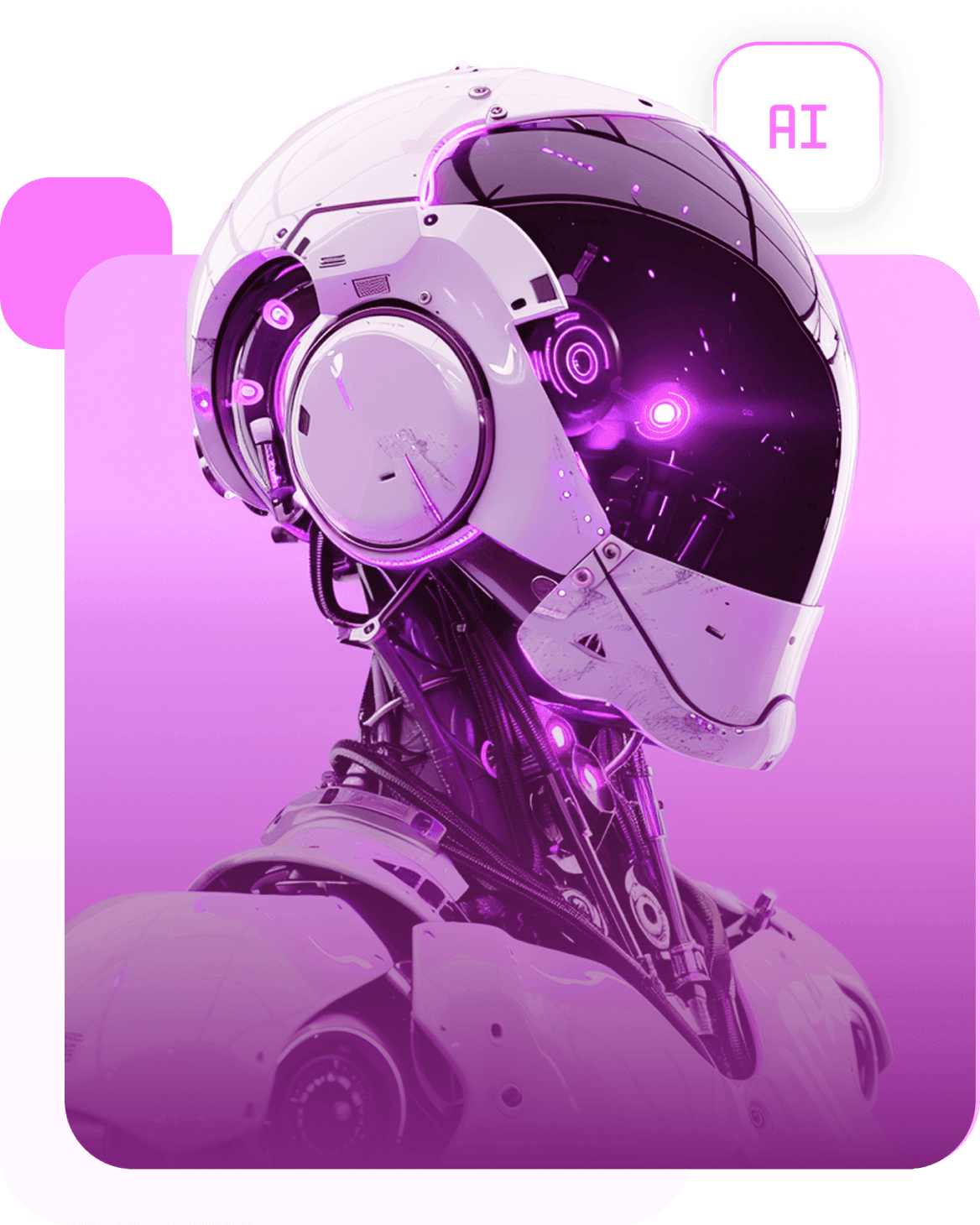A robot head in a glass helmet on a magenta panel, with an AI badge