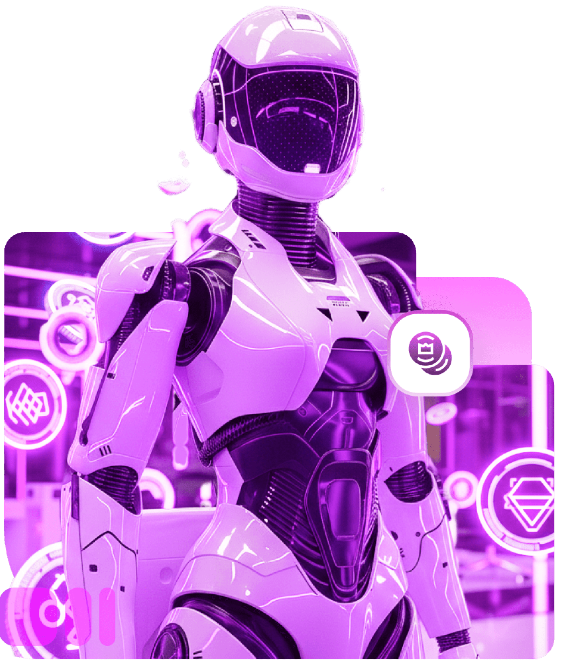 A humanoid robot in a helmet before glowing token badges