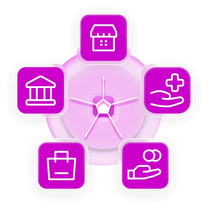 A hub linking a bank, a shop, a shopping bag, a payment and a care tile