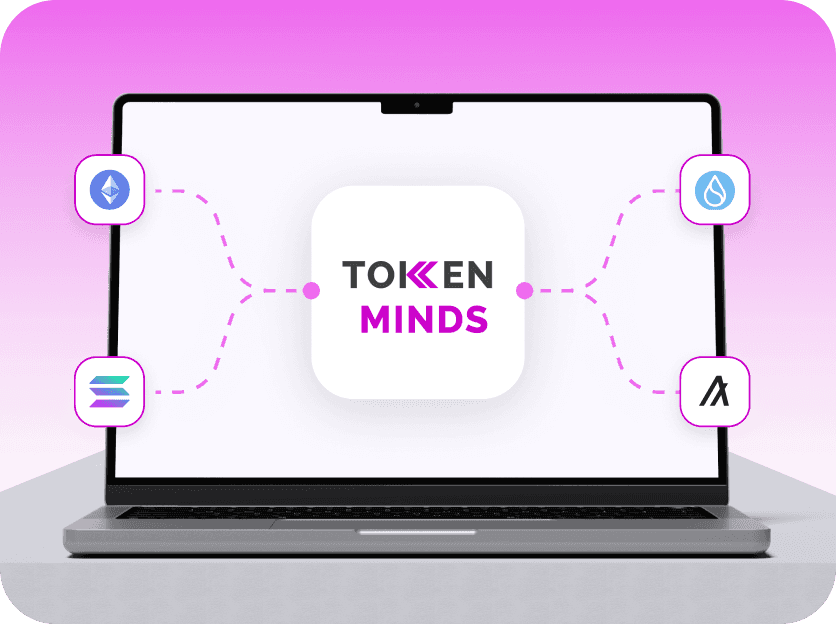 A laptop showing the TokenMinds logo linked to the Ethereum, Solana, Sui and Algorand logos