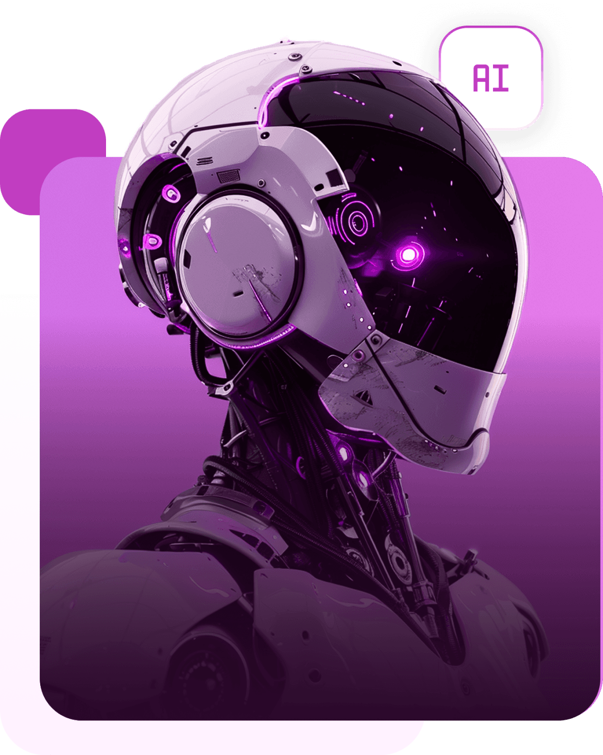 TMX AI: a robot head in a white helmet with a glowing magenta eye, on a purple card tagged AI