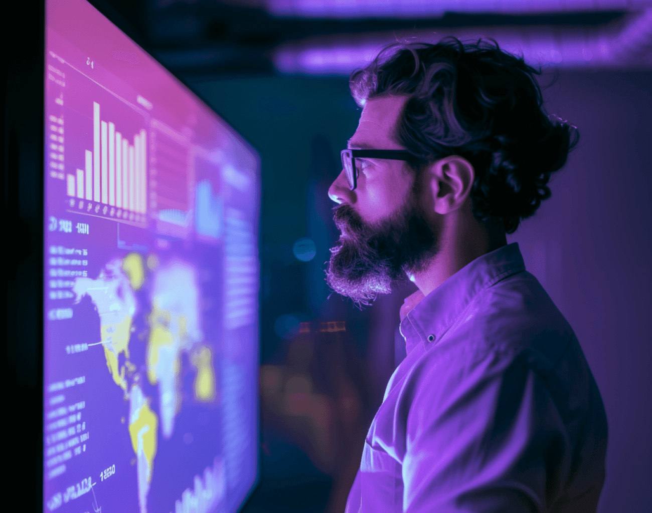 A bearded man in glasses studying a large screen of bar charts and a world map