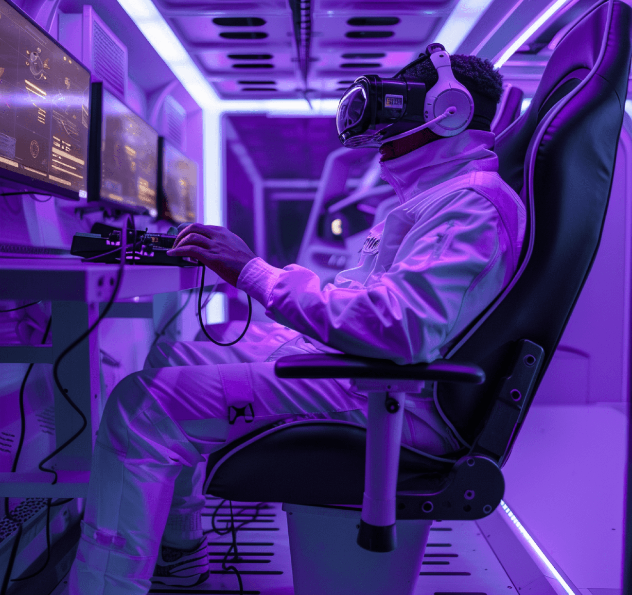 A person in a VR headset in a gaming chair before a row of monitors, in a violet-lit room