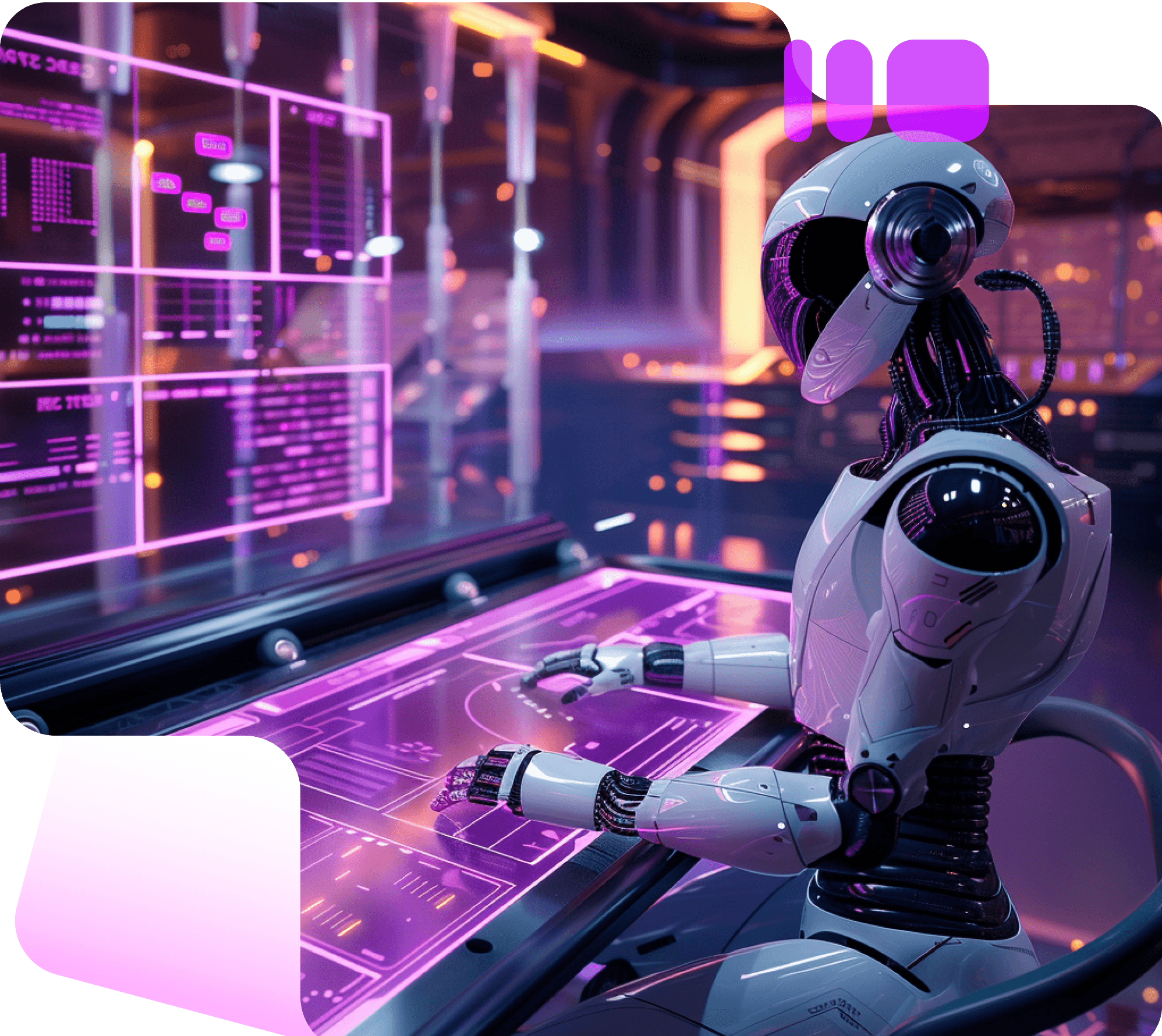 A white robot working at a glowing violet holographic console in a futuristic control room