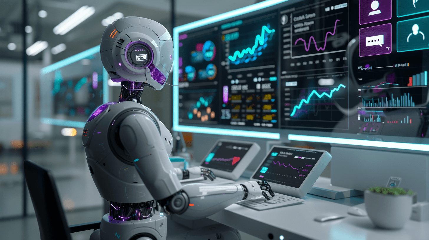 A white robot at a workstation of monitors showing teal and violet charts