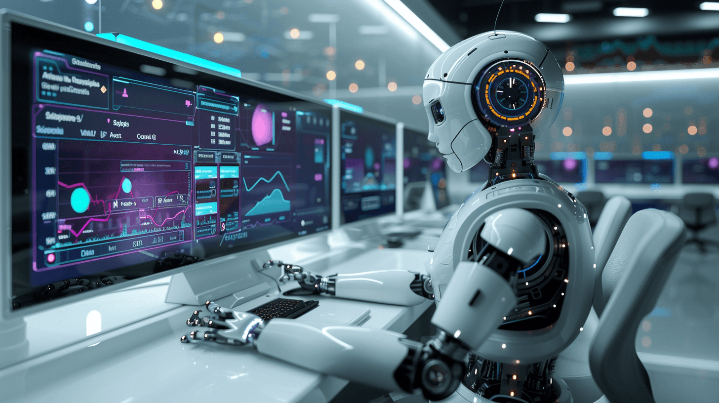 A white robot with an amber-ringed head working at a desk lined with screens