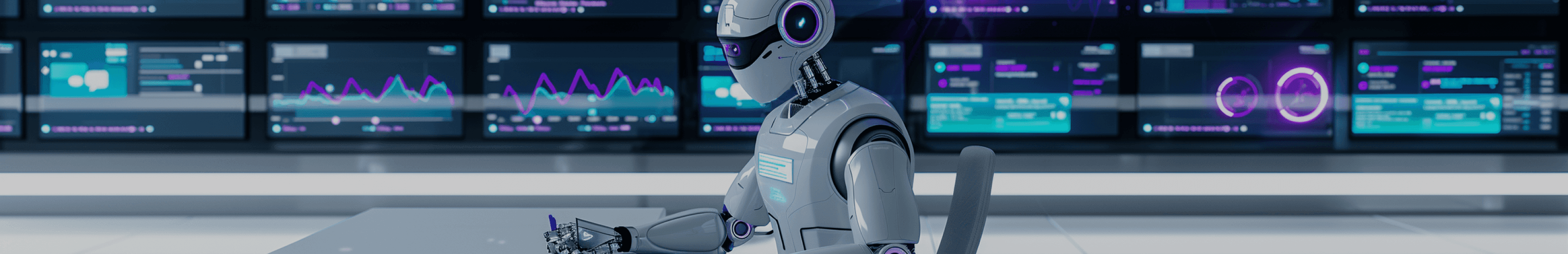 A white robot at a long row of monitors showing teal and violet charts
