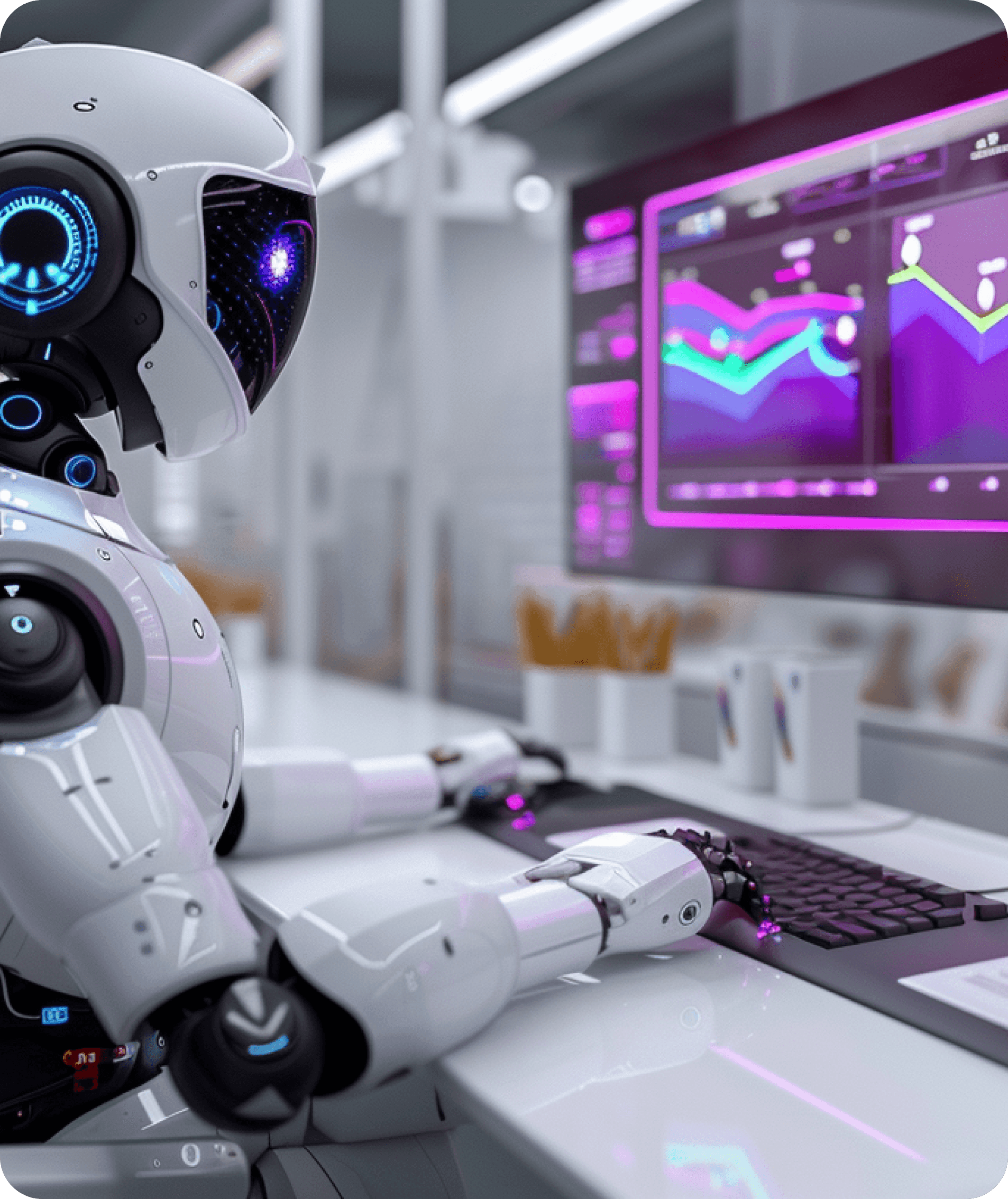 A white robot typing at a keyboard in front of a screen of violet and green charts