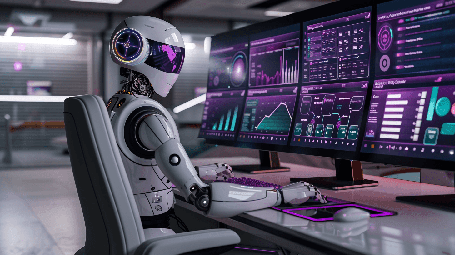 A white robot in an office chair working at a row of monitors full of violet dashboards