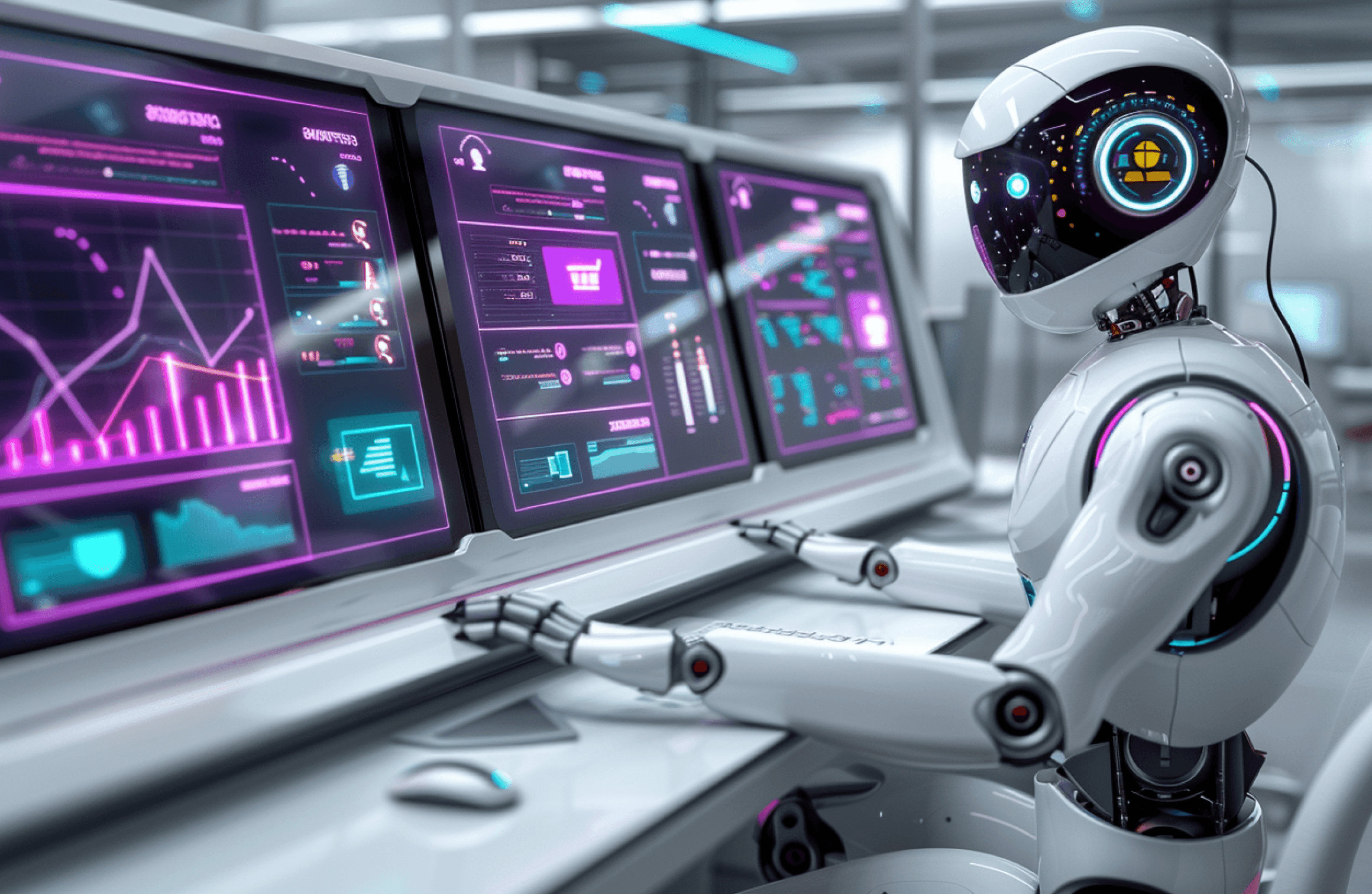 A white robot with a glowing eye looking at three screens of violet charts and dashboards