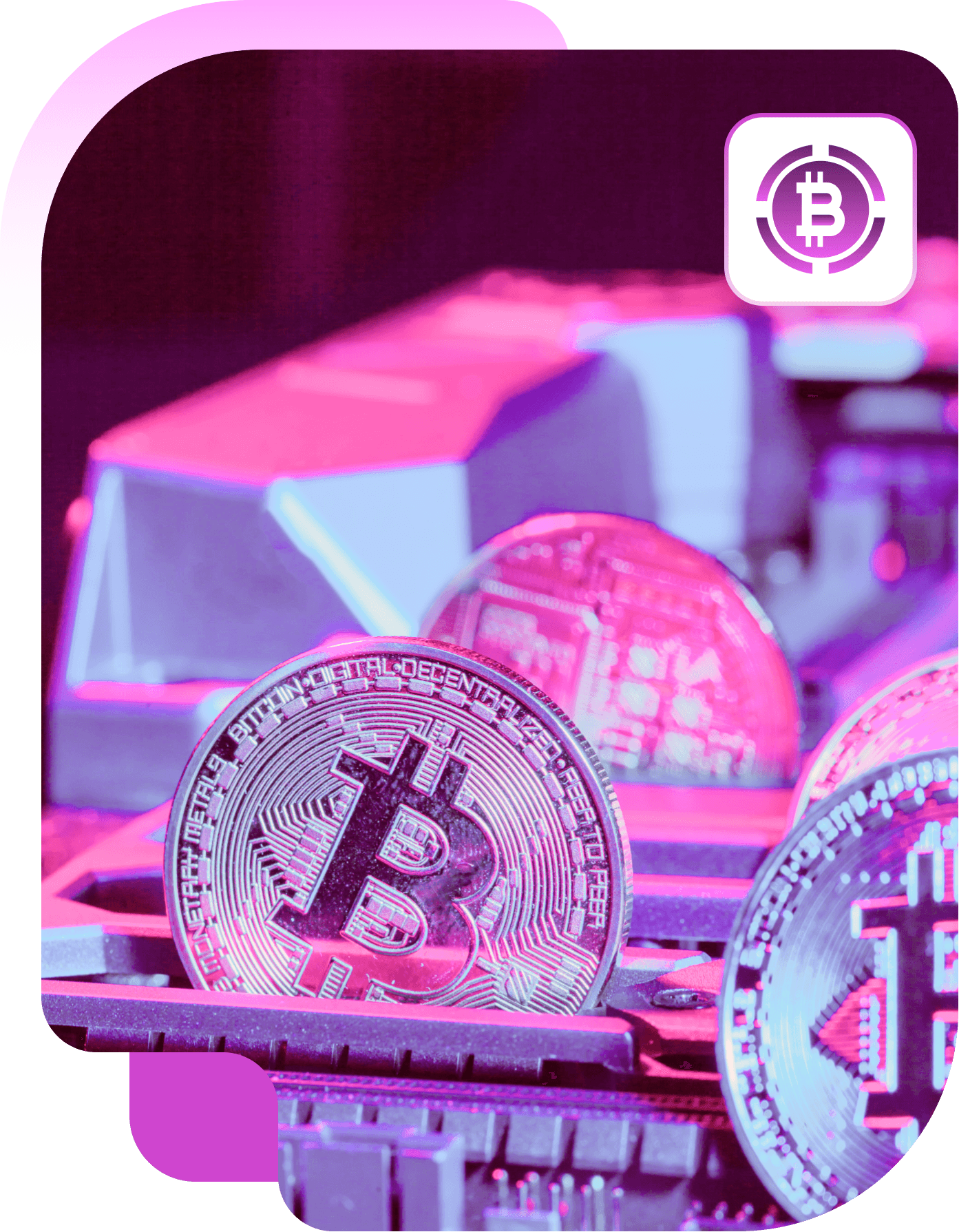 Silver Bitcoin coins standing on a circuit board under pink light, with a Bitcoin badge