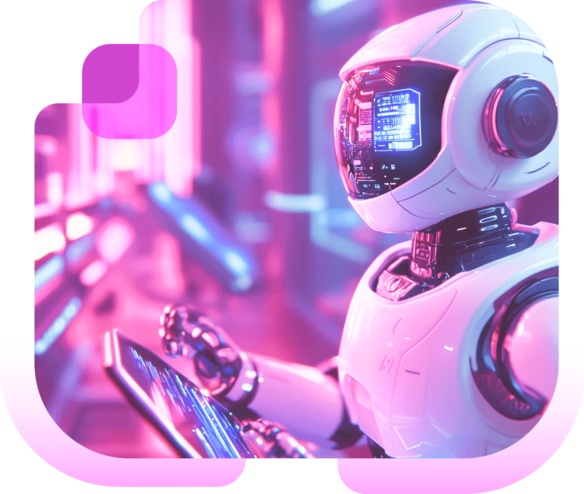 A white robot with a glowing visor reading a tablet in a neon-lit pink corridor