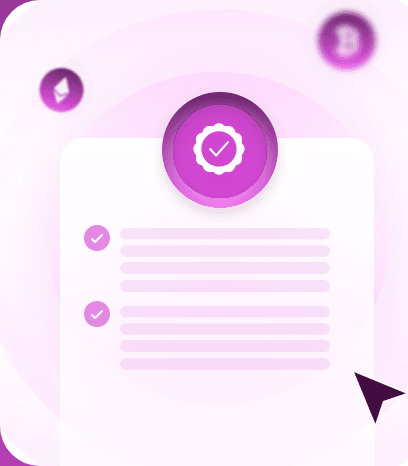 An approval seal over a checklist, with Ethereum and Bitcoin coins and a cursor