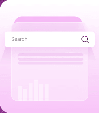 A search bar over a results panel with a small bar chart
