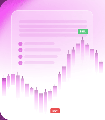 A market card over a candlestick price chart, with BUY and SELL tags
