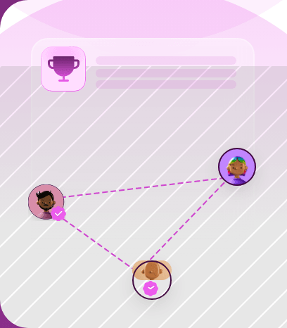 A trophy leaderboard card above three verified users linked by dotted lines