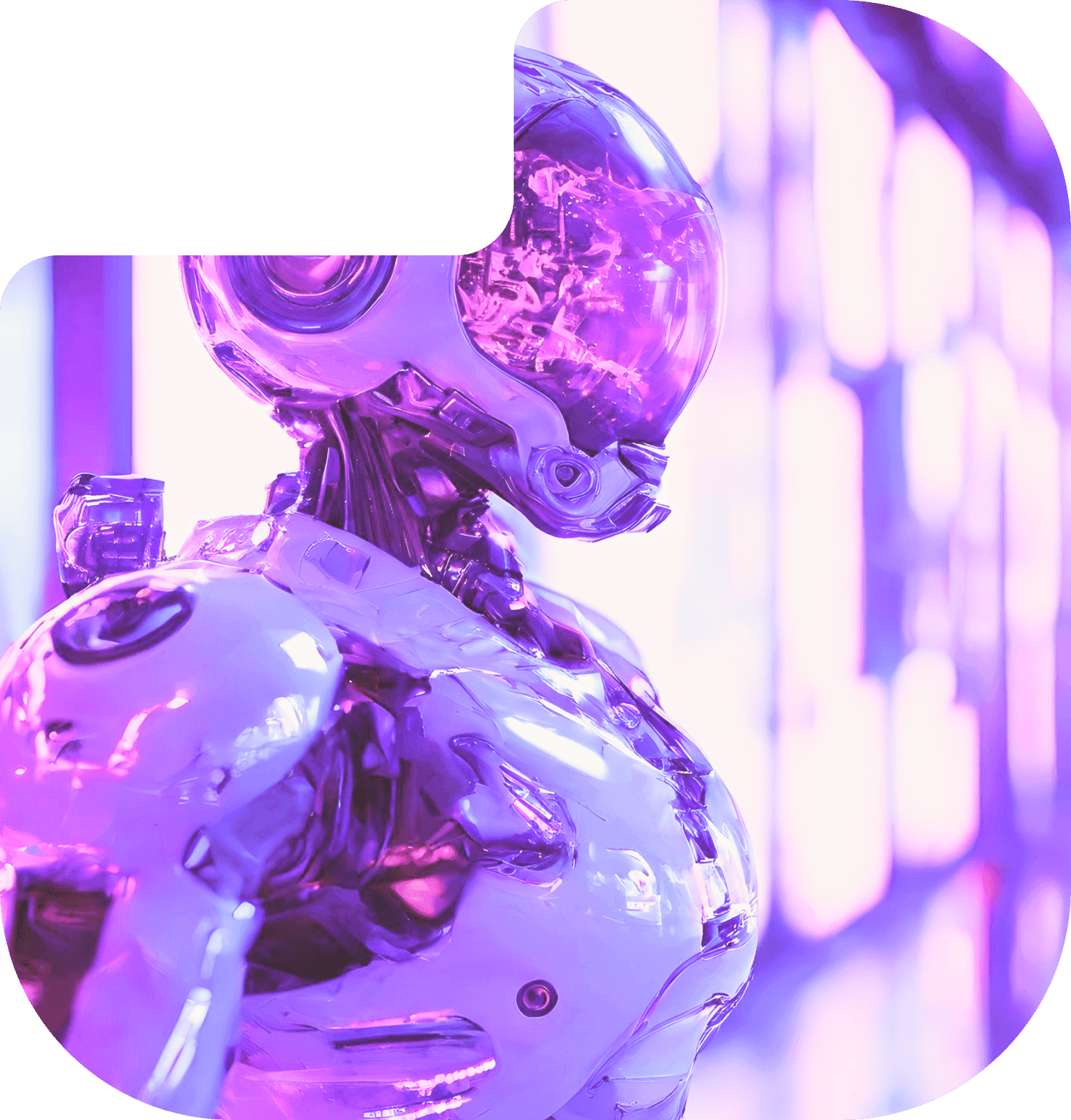A glossy purple robot in profile against blurred neon lights