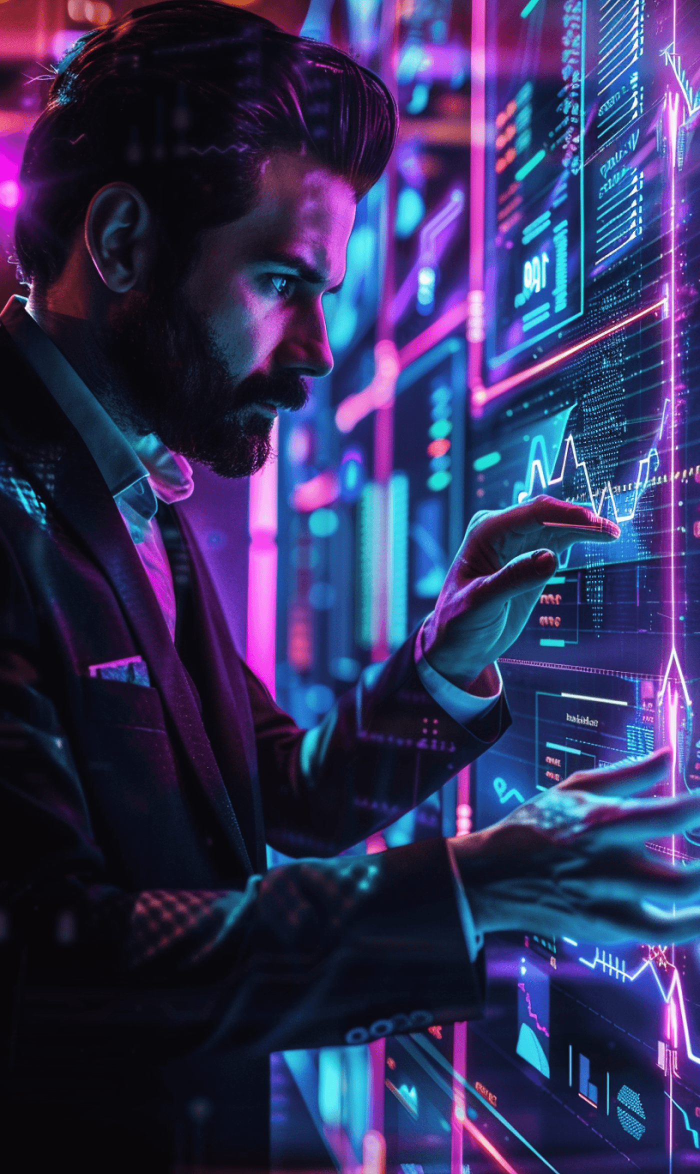 A bearded man in a jacket working a glowing touchscreen of market charts in neon pink and blue