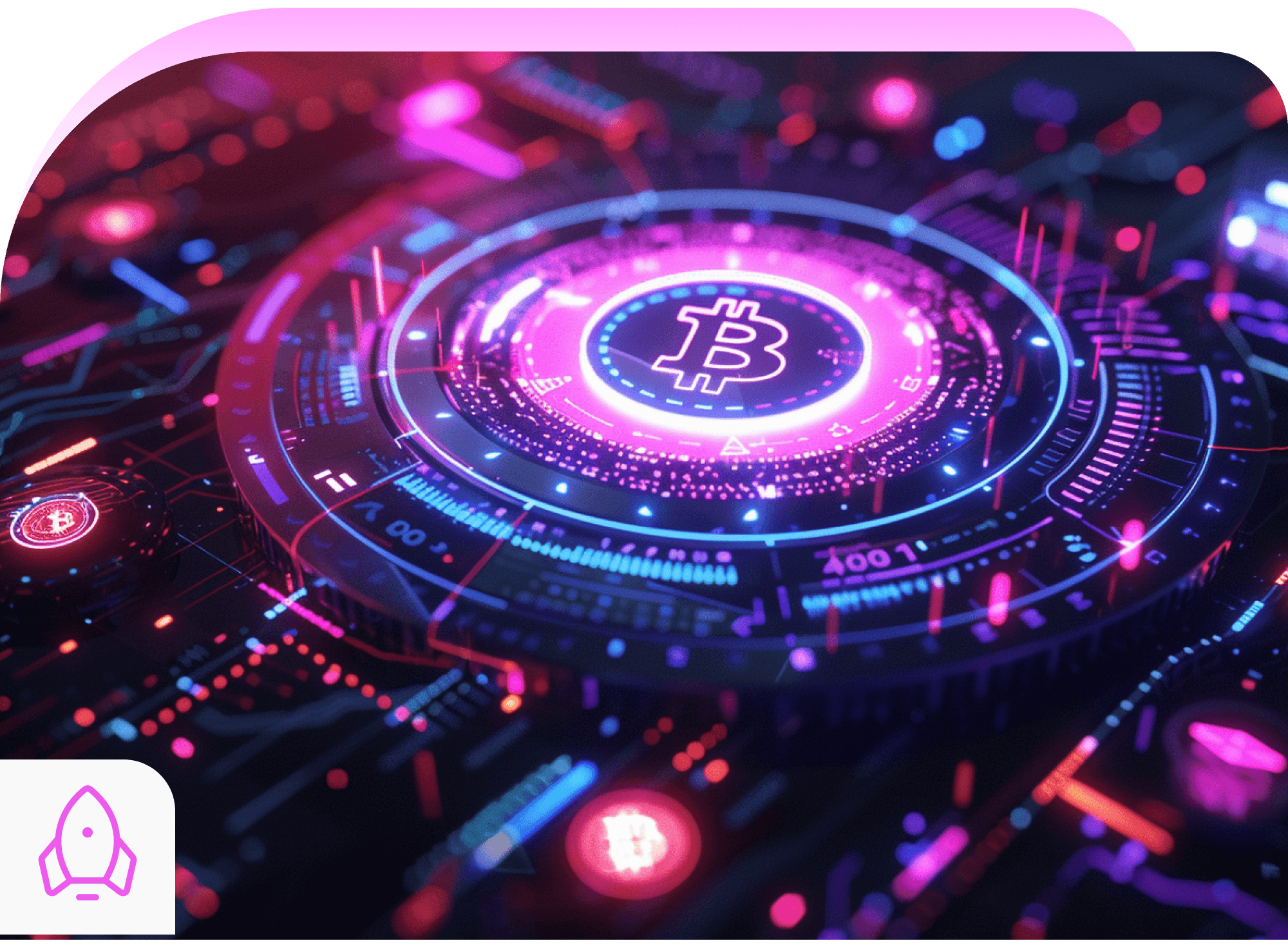 A glowing Bitcoin symbol at the centre of a circular circuit board in pink and blue, with a rocket badge in the corner