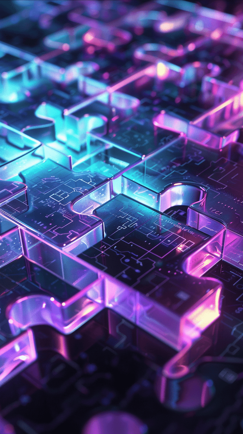 Glowing glass jigsaw pieces in purple and cyan, etched with circuit lines, fitting together