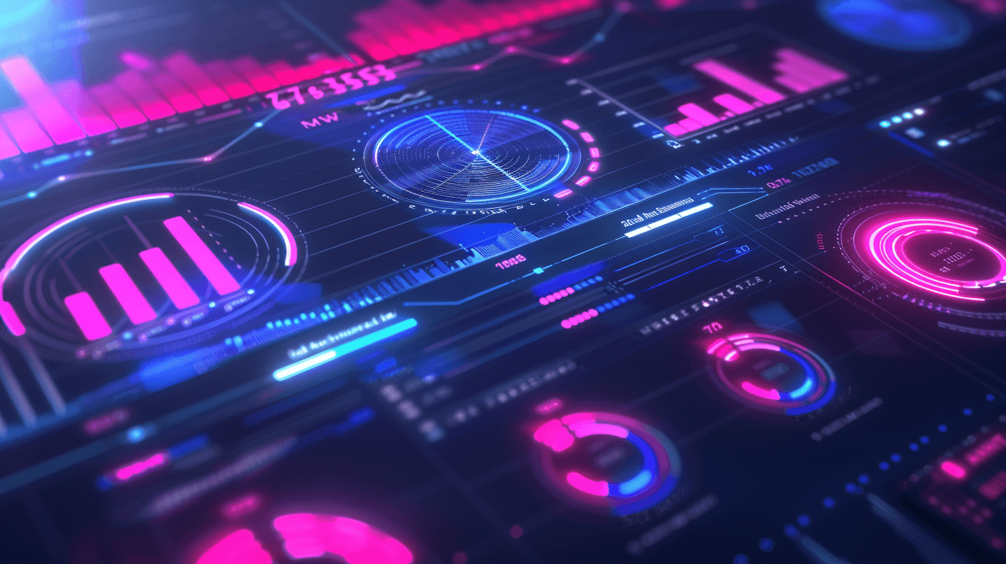 A dark analytics dashboard glowing with pink and blue bar charts, ring gauges and a radar dial