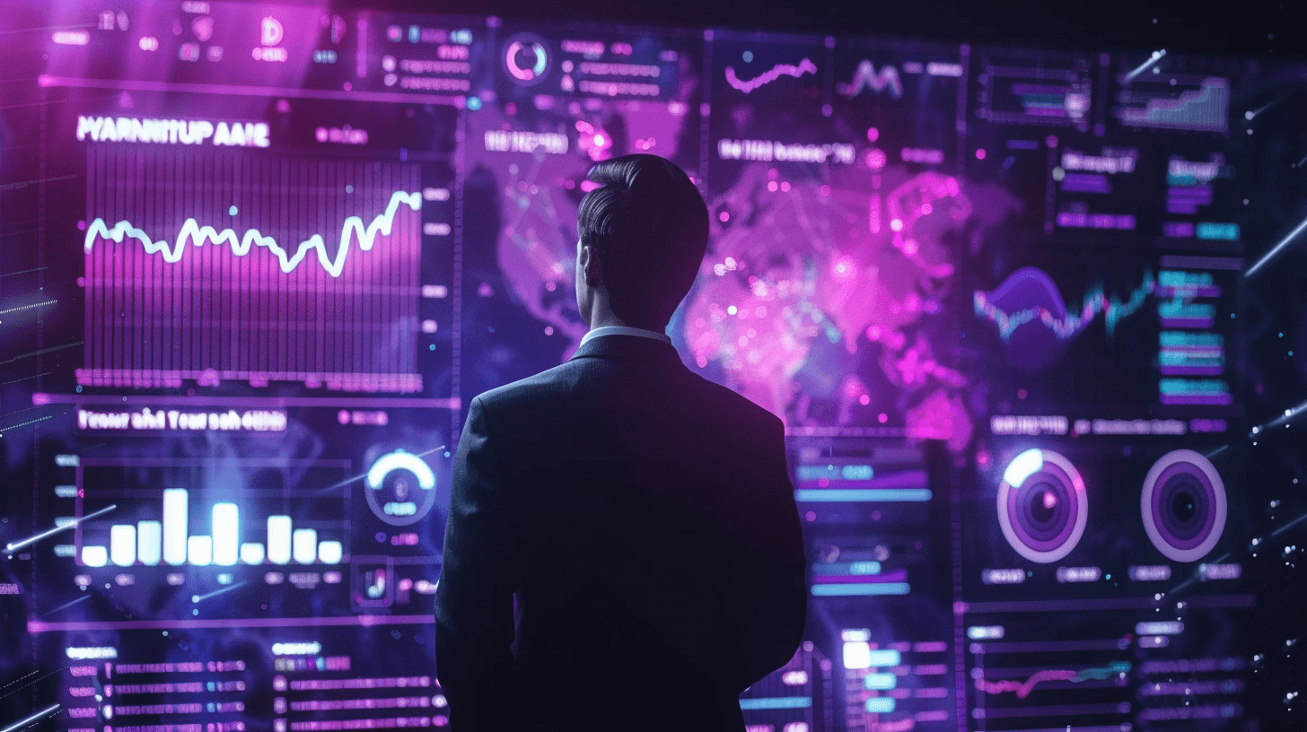 A man in a suit, seen from behind, facing a wall of glowing purple dashboards with charts, gauges and a world map