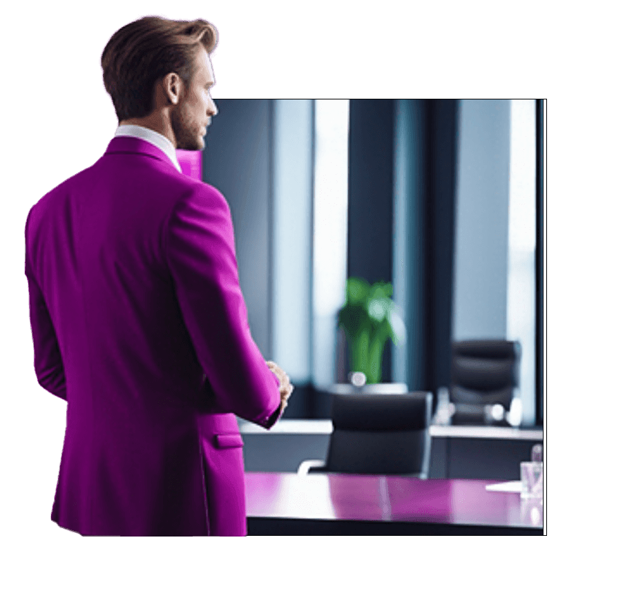 A man in a magenta suit, seen from behind, looking into a boardroom with a long table and black chairs