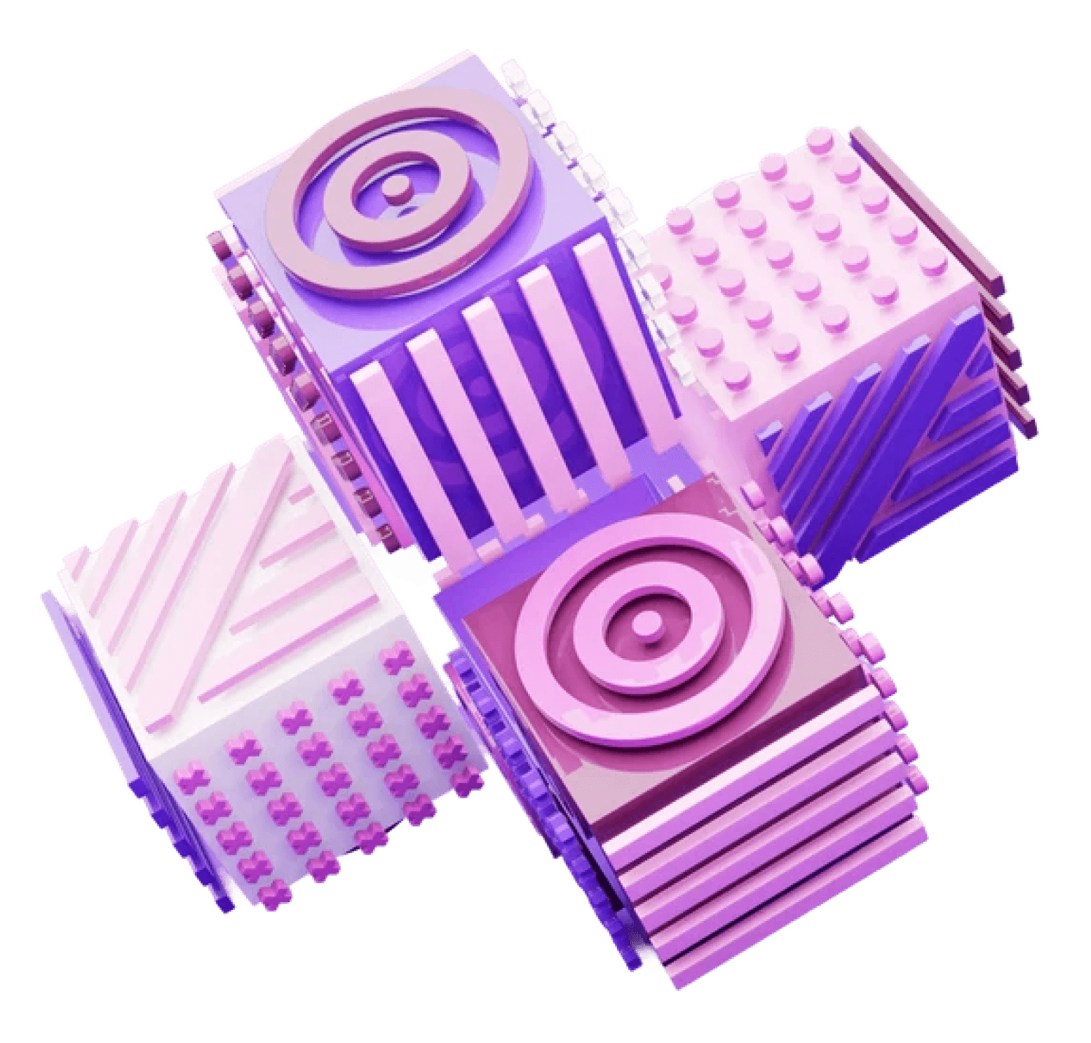 Four pink and violet 3D blocks with rings, studs and ridges, joined in a cross